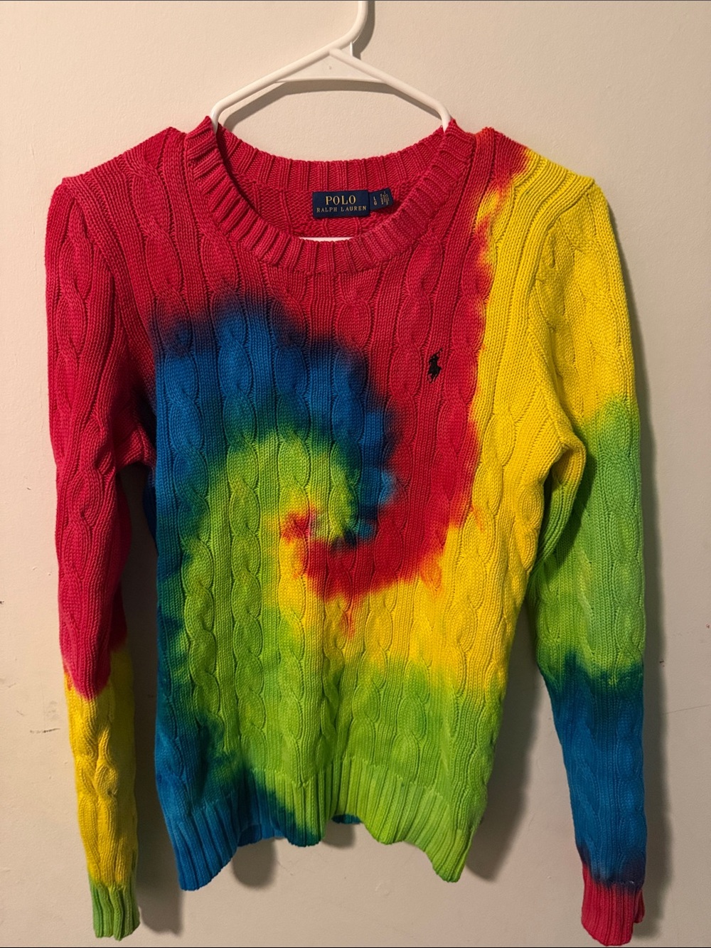 Polo by Ralph Lauren Rainbow Tie-Dye Cable Knit Crew Sweater